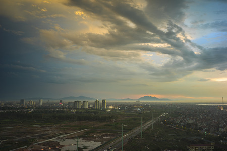 Aerial view of city suburb at sunset, western Hanoi viewの写真素材