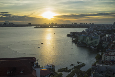 Hanoi skyline cityscape at sunset period. West Lake aerial viewの写真素材
