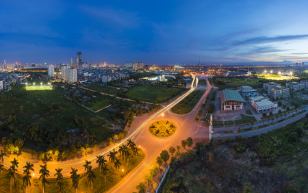 Aerial view of Hanoi skyline by twilight period. Hanoi cityscape with Le Duc Tho street, way of My Dinh stadium entranceの写真素材