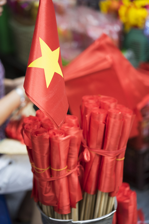 Vietnamese miniature flags for sale on Hang Ma street.の写真素材