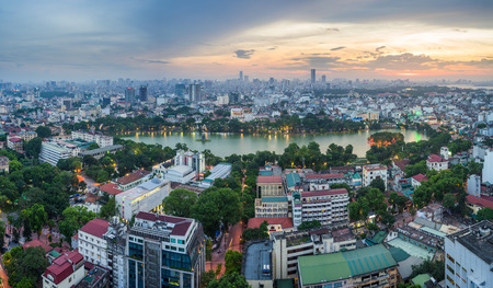 Aerial skyline view of Hoan Kiem lake (Ho Guom, Sword lake) area at twilight. Hoan Kiem is center of Hanoi city. Hanoi cityscape.の写真素材