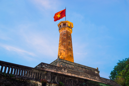 Illuminated Flag Tower of Hanoi, one of the symbols of the city and part of the Hanoi Citadel, a World Heritage Siteの写真素材
