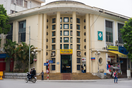 Hanoi, Vietnam - Nov 16, 2014: Front view of the main post office in Hanoi: Hanoi international post Office on Dinh Le street, east side of Hoan Kiem lake, old quarter of Hanoi.のeditorial素材