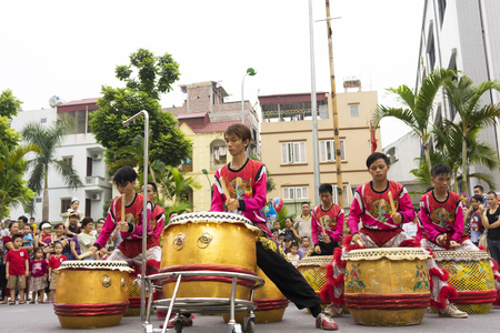 Hanoi, Vietnam - Sept 8, 2014: A show of dragon and lion dance performed at lunar mid autumn...