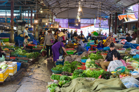 Quang Ninh, Vietnam - Mar 22, 2015: View of Ha Long rural market with vegetable stallsのeditorial素材