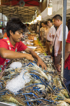 Bangkok, Thailand - June 29, 2015: Giant river shrimp for sale in market in Bangkokのeditorial素材
