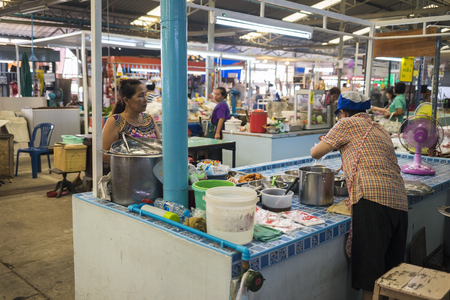 Bangkok, Thailand - June 28, 2015: Food stall in a small market in Bangkokのeditorial素材