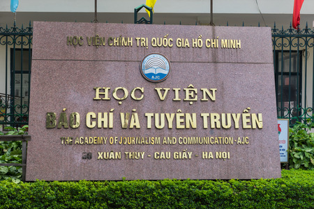 Hanoi, Vietnam - Apr 28, 2015: Name board of The Academy of Journalism and Communication at the...