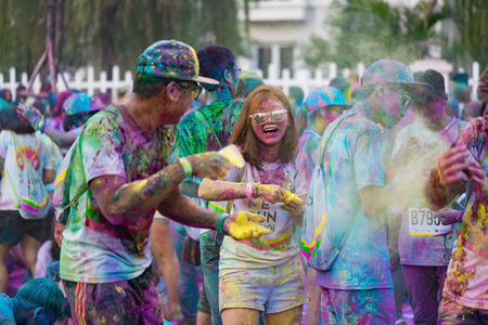 Hanoi, Vietnam - Sep 23, 2015: Public color run event in Hanoi capital city. Hundreds of people...
