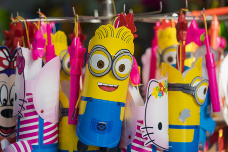 Hanoi, Vietnam - Sep 7, 2015: Children toys for sale on Hang Ma street. The street are crowded and busy before Vietnamese Mid-Autumn Festival for children who receive toys, fruit and moon cake as giftのeditorial素材