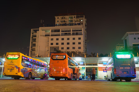 Hanoi, Vietnam - Feb 12, 2016: Buses on row in My Dinh coach station, the biggest one in Hanoi capitalのeditorial素材
