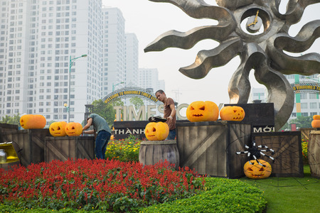 Hanoi, Vietnam - Oct 25, 2015: Halloween decoration on entrance of Vinhomes Times City complexのeditorial素材
