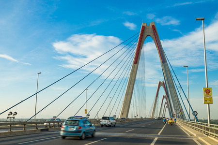 Hanoi, Vietnam - June 4, 2016: Nhat Tan cable-stayed bridge crossing Red River in Hanoiのeditorial素材