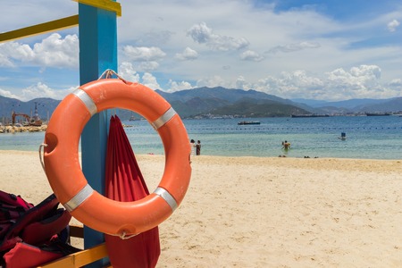 Lifebuoy on a sea backgroundの写真素材