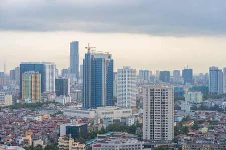 Hanoi city by twilight period, with Giang Vo lake, Ba Dinh district. Aerial skyline view.の写真素材