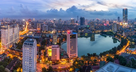 Hanoi city by twilight period, with Giang Vo lake, Ba Dinh district. Aerial skyline view.の写真素材