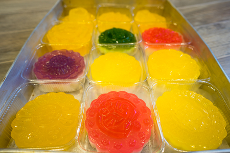 Different colored jellies on trayの写真素材