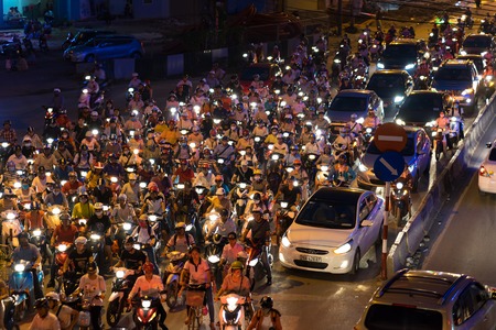 Hanoi, Vietnam - Sep 14, 2016: Aerial view of traffic in rush hour in Truong Chinh street