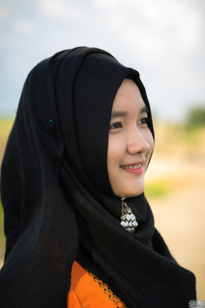 An Giang, Vietnam - Sep 6, 2016: Portrait of Vietnamese muslim girl in a champa village, Khanh Hoan district, South Vietnamのeditorial素材