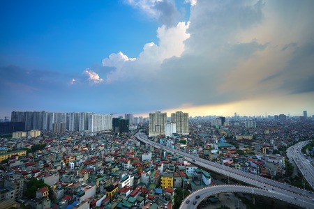 Hanoi, Vietnam - June 5, 2017: Aerial skyline view of Hanoi cityscape by twilight period, with Minh Khai street to Vinh Tuy bridge, Hai Ba Trung district.のeditorial素材