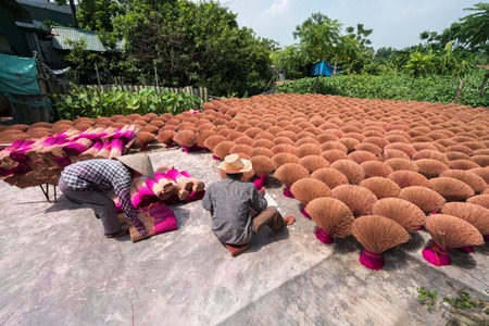 Incense sticks drying outdoor with Vietnamese woman wearing conical hat in north of Vietnamの写真素材