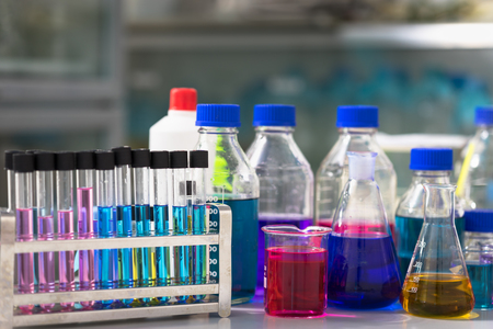 Test tubes with colorful chemicalsの写真素材