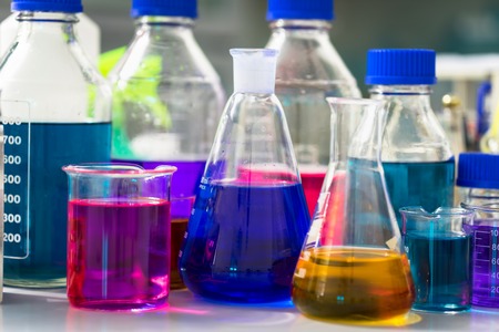 Test tubes with colorful chemicalsの写真素材