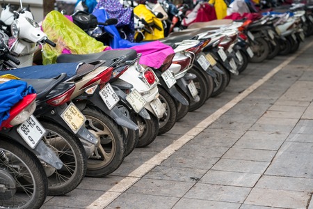 Motorbikes parked on the street of Hanoi, Vietnam