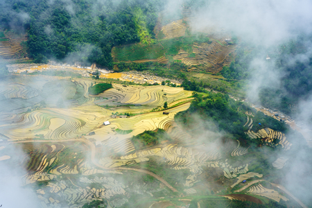 Terraced rice field below clouds in water season, the time before starting grow rice in Y Ty, Lao Cai province, Vietnamの写真素材