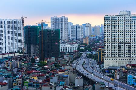 Hanoi, Vietnam - June 5, 2017: Aerial skyline view of Hanoi cityscape by twilight period, with Minh Khai street to Vinh Tuy bridge, Hai Ba Trung district.のeditorial素材