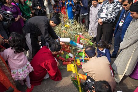 Hanoi, Vietnam - Jun 22, 2017: Raising Neu tree rituals in communal house at So village, Quoc Oai district. The bamboo pole placed in front of house on the last day of the lunar year to expel evilsのeditorial素材