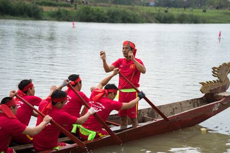 Bac Ninh, Vietnam - Feb 7, 2017: Traditional boat racing spring festival on Cau river, Bac Ninh provinceのeditorial素材