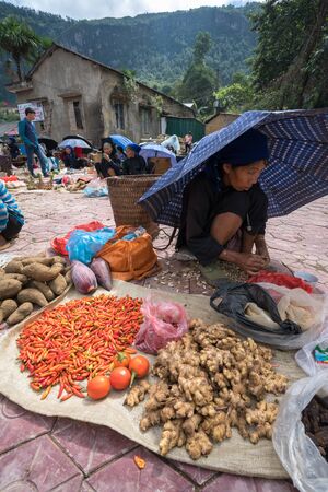 Lao Cai, Vietnam - Sep 7, 2017: Local market in Y Ty, Bat Xat district. Most ethnic minority people go to the market to sell and buy local daily necessity.のeditorial素材