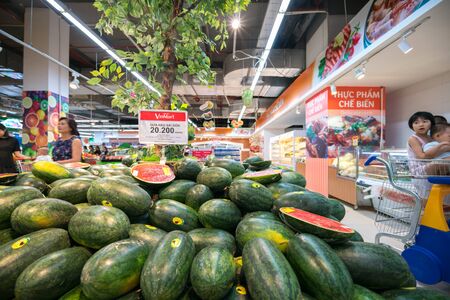 Hanoi, Vietnam - July 10, 2017: Fresh watermelon on shelf in Vinmart supermarket, Minh Khai street.のeditorial素材
