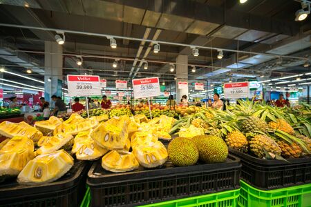 Hanoi, Vietnam - July 10, 2017: Fresh jackfruit on shelf in Vinmart supermarket, Minh Khai street.のeditorial素材