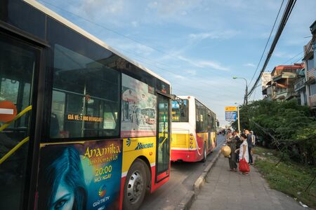 Hanoi, Vietnam - Aug 11, 2017: The bus stopping at bus station on Nguyen Khoai streetのeditorial素材