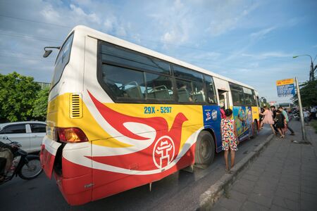 Hanoi, Vietnam - Aug 11, 2017: The bus stopping at bus station on Nguyen Khoai streetのeditorial素材