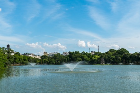 Hoan Kiem lake or Sword lake, Ho Guom in Hanoi, Vietnam with Turtle Towerの写真素材