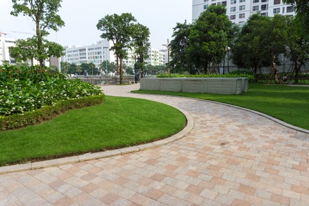 Urban walking road among green tree in modern apartment buildings in big city.の写真素材