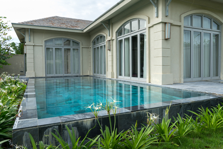 Luxury tropical villa in resort with Swimming Pool in the morningのeditorial素材