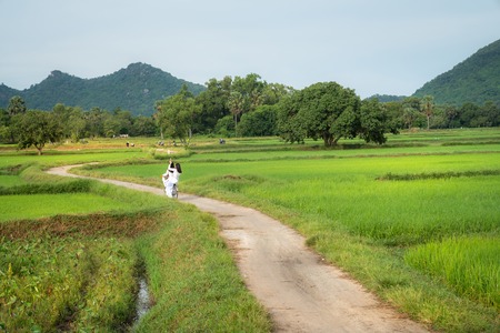 Rural landscape in Vietnam countryside with Vietnamese women wearing traditional dress Ao Dai cycling on the roadの写真素材