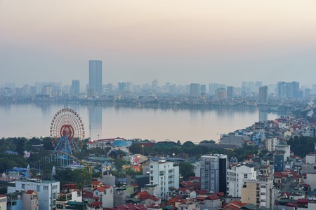 Aerial skyline view of Hanoi city, Vietnam. Hanoi cityscape by sunset period at West Lake, Ho Tay districtのeditorial素材