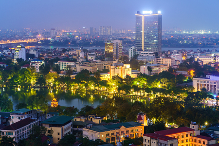 Aerial skyline view of Hanoi city, Vietnam. Hanoi cityscape by sunset period at Hoan Kiem district, center of Hanoiのeditorial素材