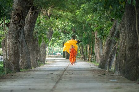 Chau Doc, Vietnam - Oct 15, 2018: Monks in saffron robe and umbrella walking on rural road among trees in Mekong Delta, Vietnamのeditorial素材