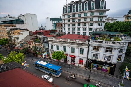 Hanoi, Vietnam - June 10, 2017: Aerial skyline view of Hanoi city, Vietnam. Hanoi cityscape by sunset period at Trang Tien streetのeditorial素材