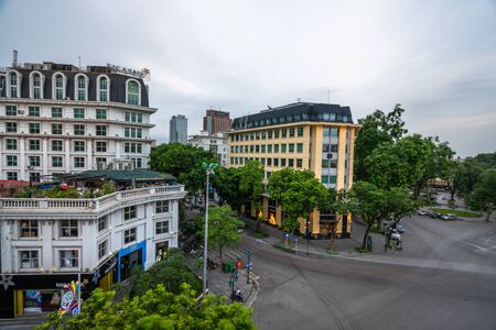 Hanoi, Vietnam - June 10, 2017: Aerial skyline view of Hanoi city, Vietnam. Hanoi cityscape by sunset period at August Revolution Square, with Hanoi Opera Houseのeditorial素材