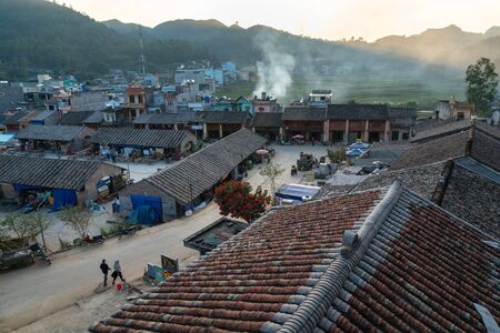 Ha Giang, Vietnam - Nov 26, 2018: Dong Van old flea market with old aged tiled roof housesのeditorial素材