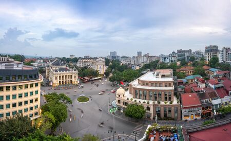 Hanoi, Vietnam - June 10, 2017: Aerial skyline view of Hanoi city, Vietnam. Hanoi cityscape by sunset period at August Revolution Square, with Hanoi Opera Houseのeditorial素材