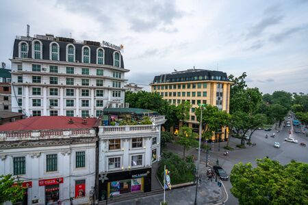 Hanoi, Vietnam - June 10, 2017: Aerial skyline view of Hanoi city, Vietnam. Hanoi cityscape by sunset period at Trang Tien streetのeditorial素材