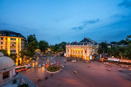 Hanoi, Vietnam - June 10, 2017: Aerial skyline view of Hanoi city, Vietnam. Hanoi cityscape by sunset period at August Revolution Square, with Hanoi Opera Houseのeditorial素材